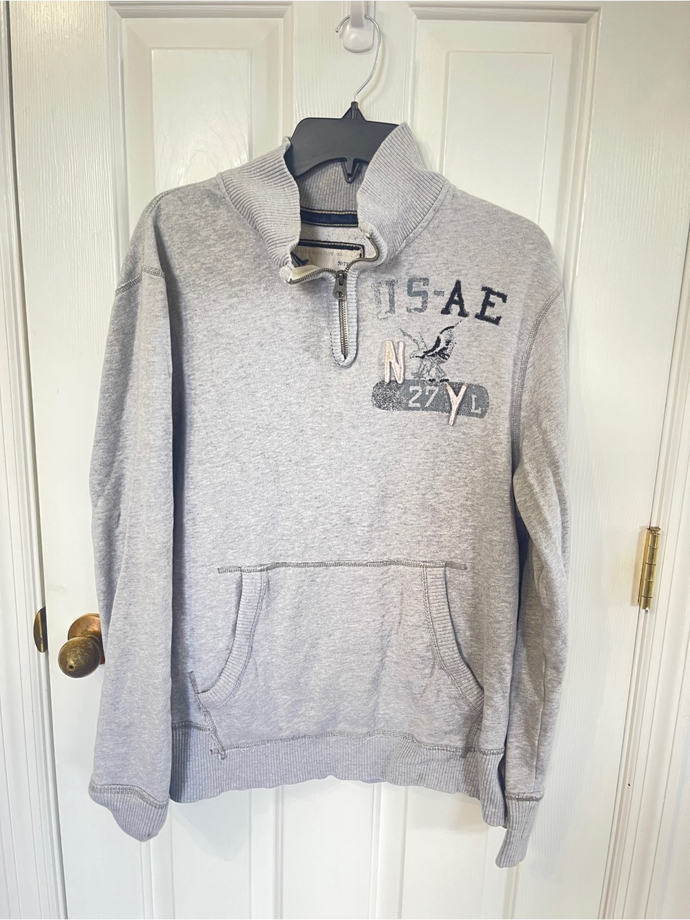 VTG American Eagle Large Gray 1/4 Zip Logo Pullover Sweatshirt Front Pocket Y2K